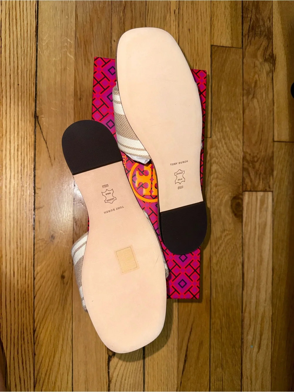 Tory Burch Cammello and Ash White Double-T Jacquard Slide Sandals